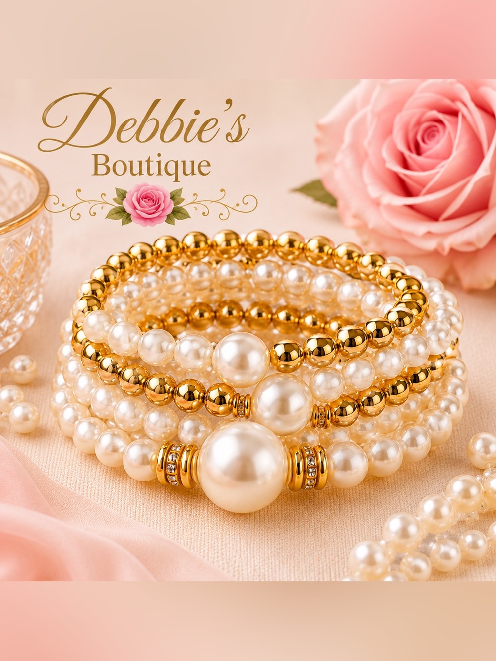 Multiple Available! Faux Pearl & Gold Tone 5 Strand Stretch Bracelet Set